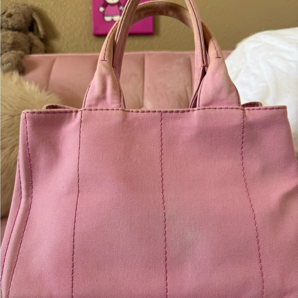 💯Authentic PRADA CANAPA Pink Canvas Logo Tote - Picture 8 of 14